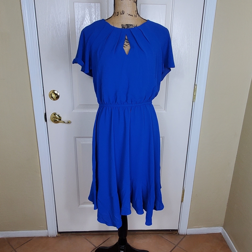 London Times Pleated Keyhole Jewel Neck Elastic Waist Dress